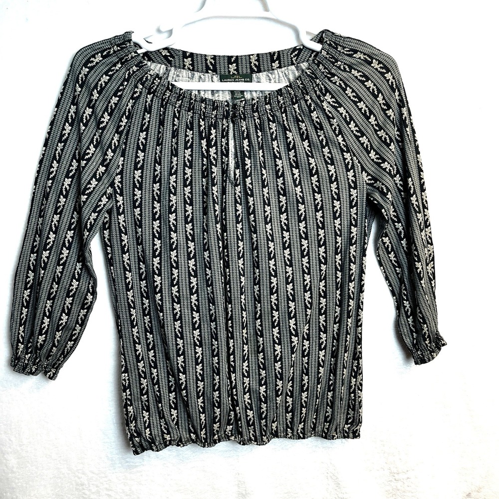 Lauren Ralph Lauren Womens Shirt Size Small Floral Stripe Keyhole Green Peasant